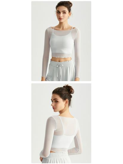 Women's Sexy Mesh Lace Long Sleeve Yoga Top and Bra Two-Piece Pilates Set