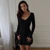 Autumn new deep-necked long-sleeved dress women's waist slim-fitting knitted bottoming skirt pure desire to show thin characters short skirt