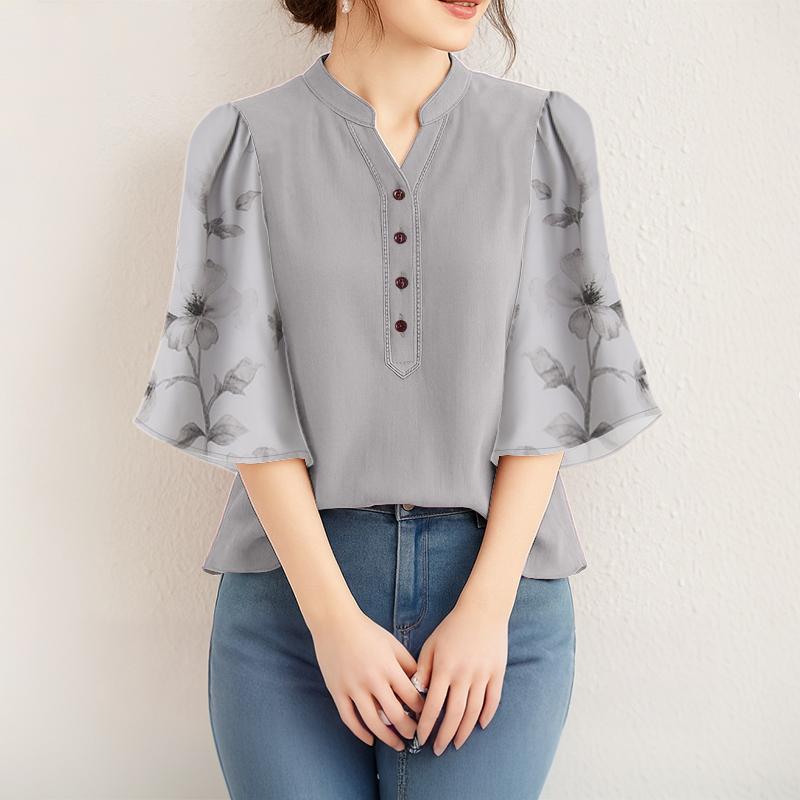 ZANZEA Damen Casual V-Ausschnitt Spleiß 3/4 Ärmel Lockere Bluse