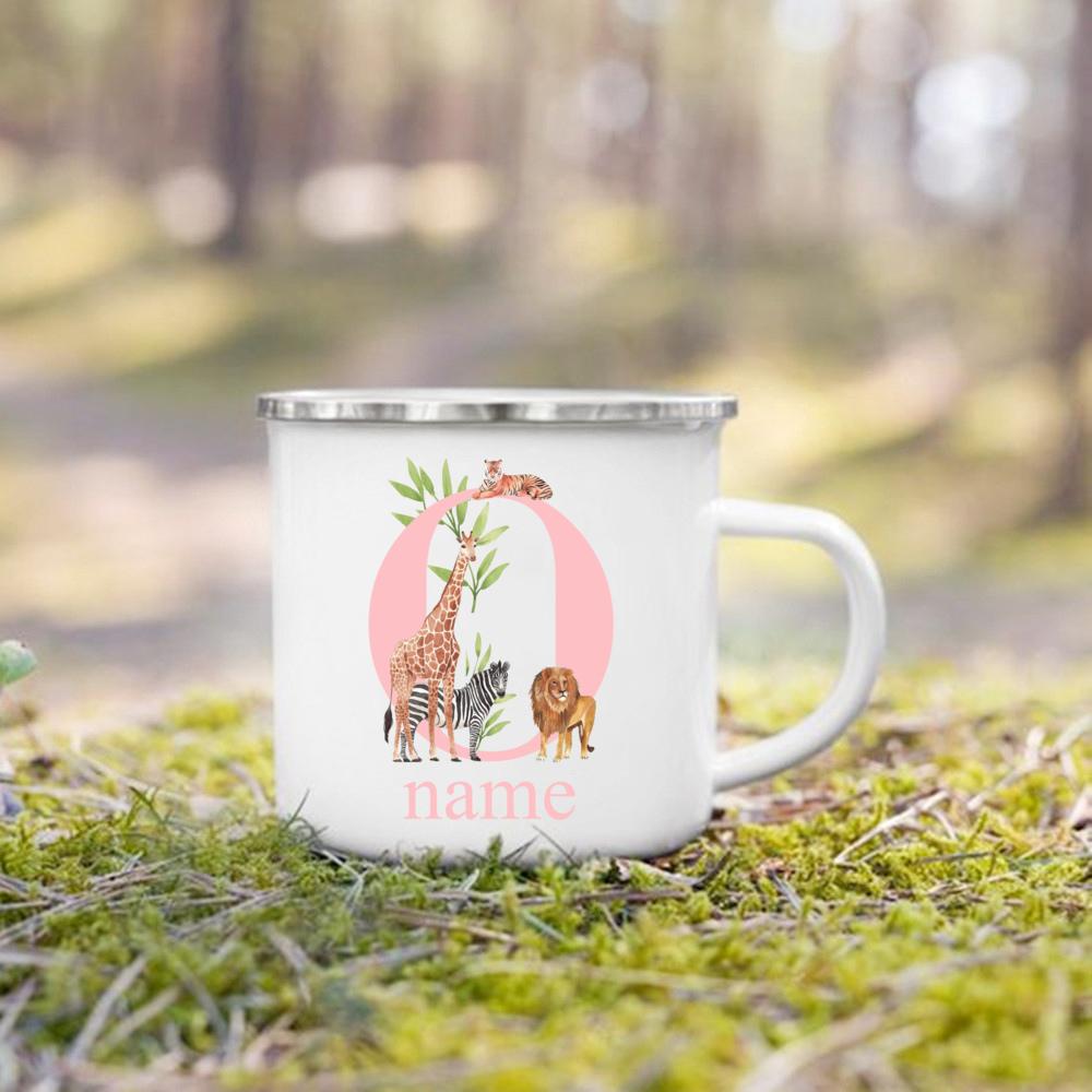 Personalized Safari Animal Initial with Name Cup Custom Wild Party Juice Milk Mug Kids Handle Cup Birthday Favors Gift for Girls