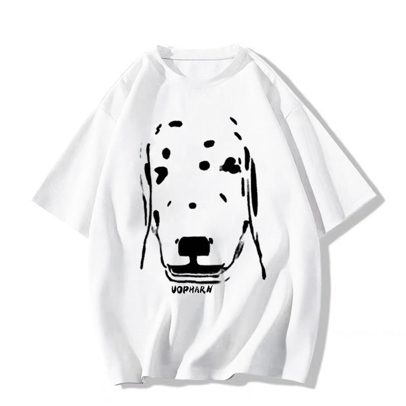American White Dog Print T-Shirt, Women's Loose Fit, Short Sleeve, Shoulder Length, Summer Style for Teens