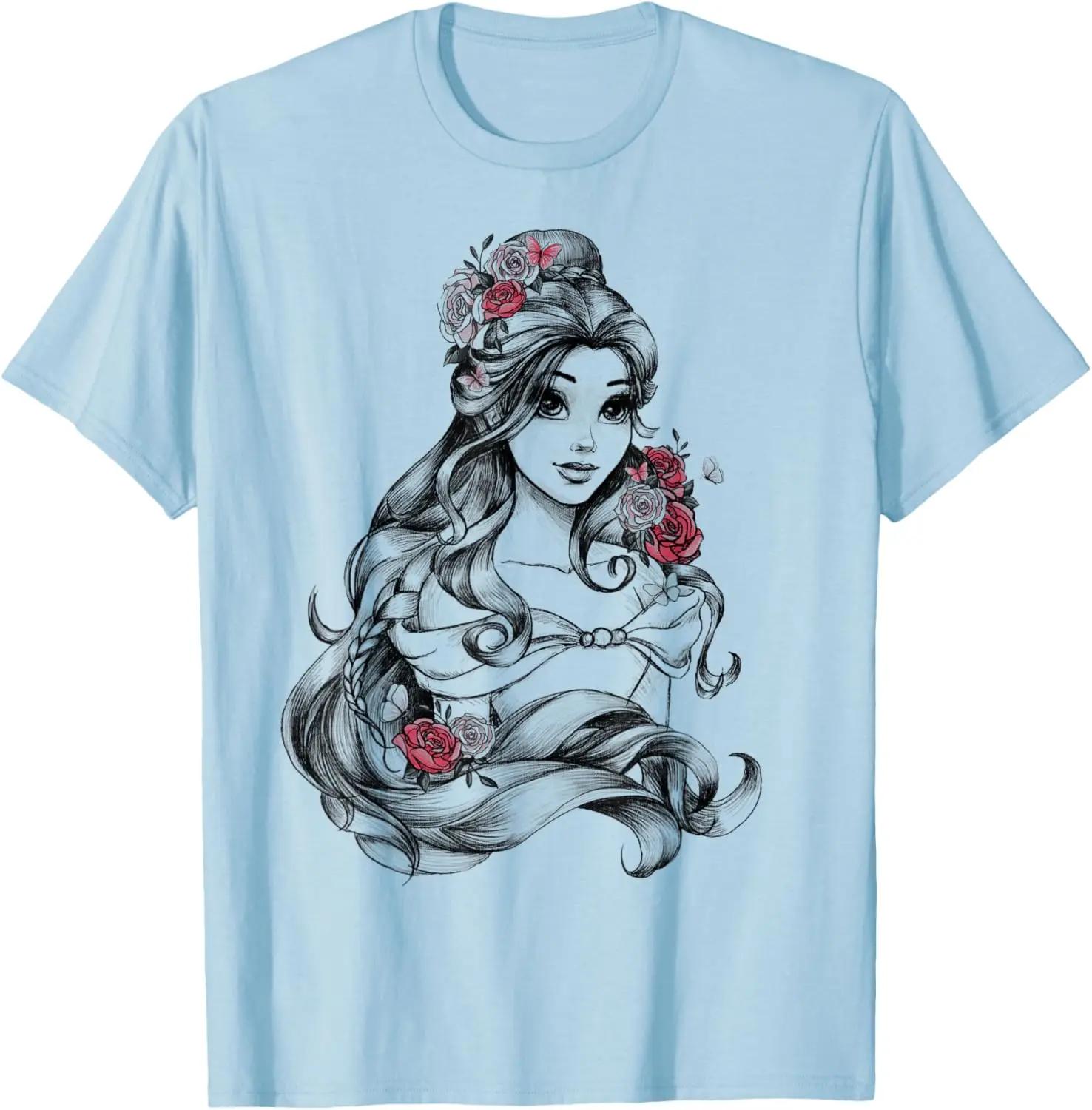 Hot Fashion Casual Disney Beauty and The Beast Belle Princess Rose Portrait T-Shirt S-4XL Four Seasons XXL