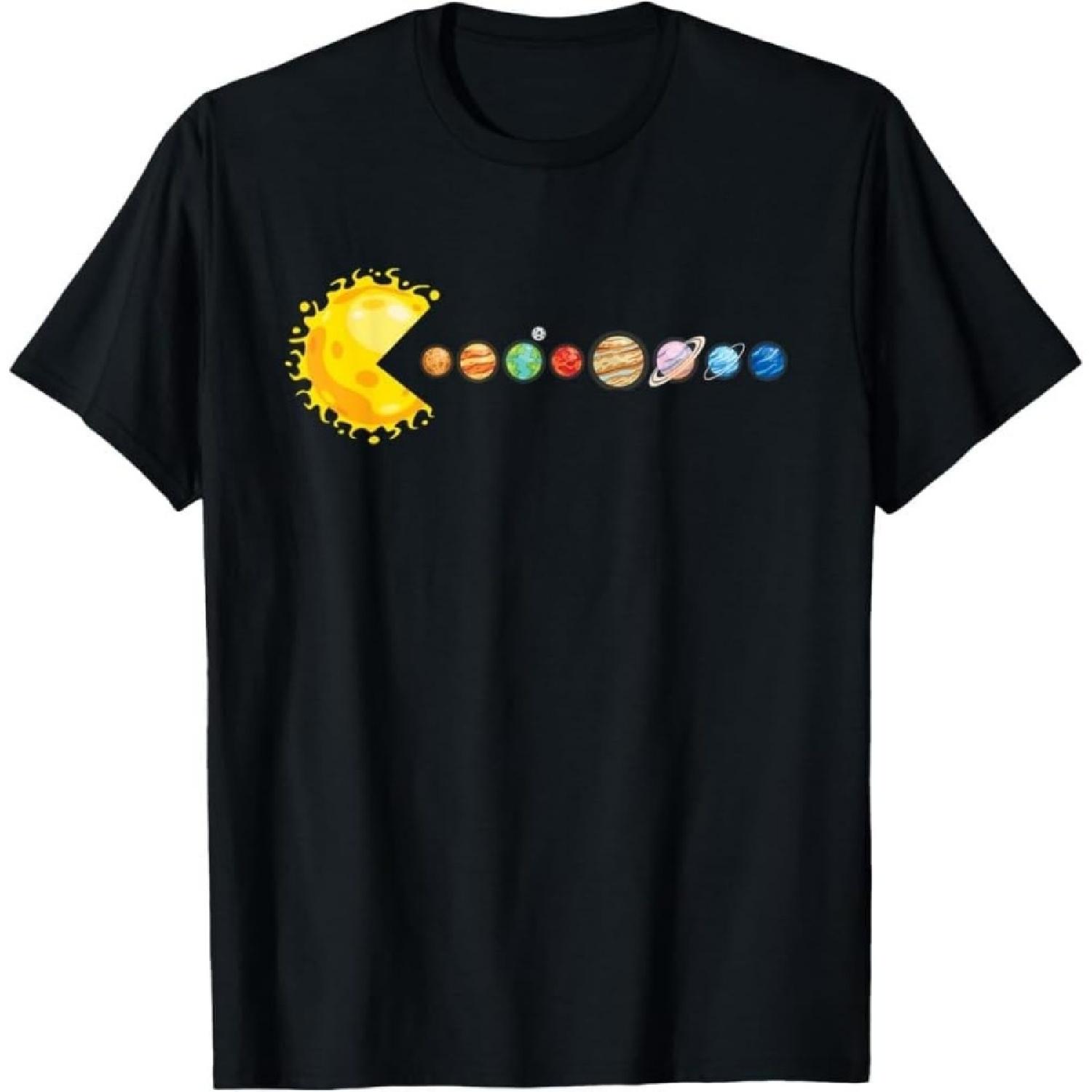 

Arcade Game T-Shirt Black Cotton Tee with Colorful Planets and Pixel Character Chase Retro Video Game Design XXXXXL різнокольоровий