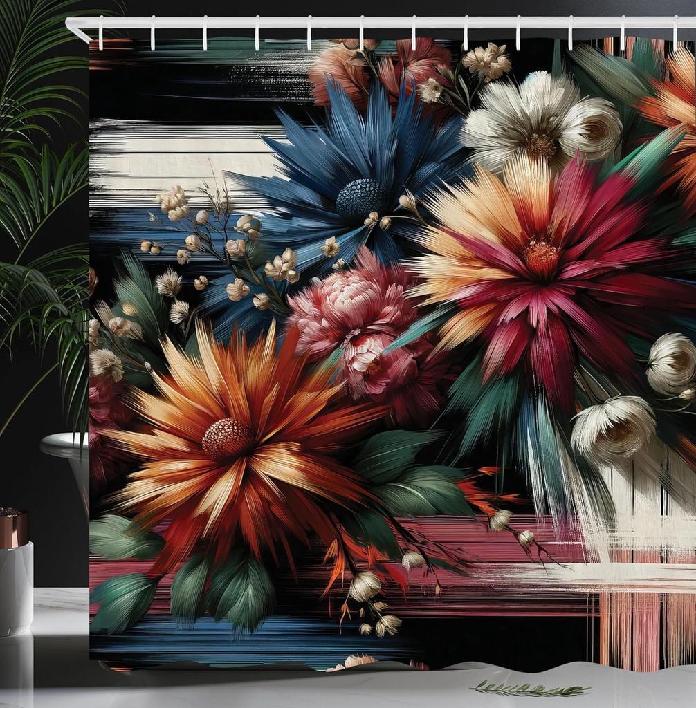 Aesthetic Boho Shower Curtain, Bold Exotic Leaves In Warm Tones, Rustic Burnt Orange Teal Blue, Fabric Set With Hooks