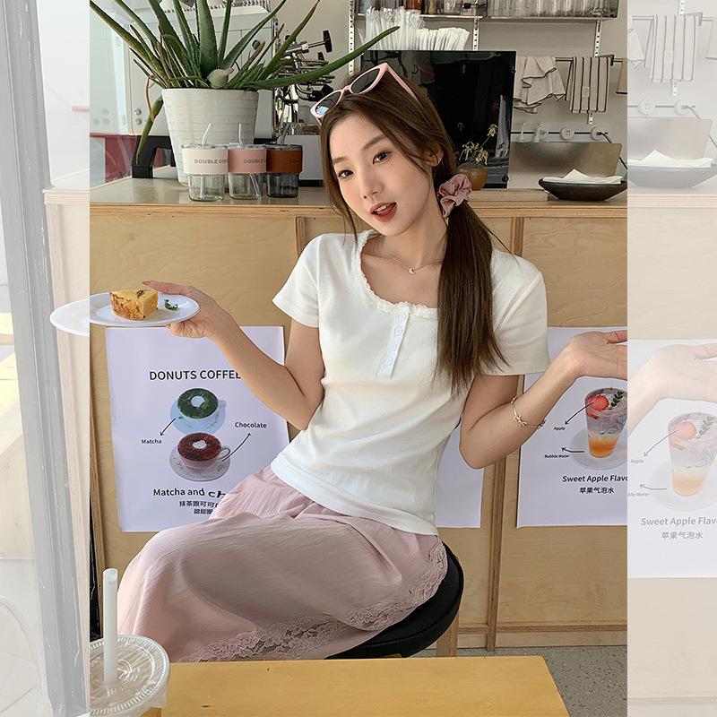 Pure Lace Low Crew Neck Short Sleeve T-Shirt Women's Summer New Clavicle Button Slim Fit Bottom Shirt Top