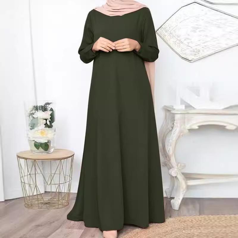Elegant Solid Color Maxi Dress for Muslim Women – Long Sleeve, Casual & Comfortable