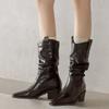 Fashion Retro Brown Pu Western Cowboy Boots Women 2025 Winter Sexy Pointed Toe Thick Heel Black Ankle Boots Designer Y2K Shoes Plus Size