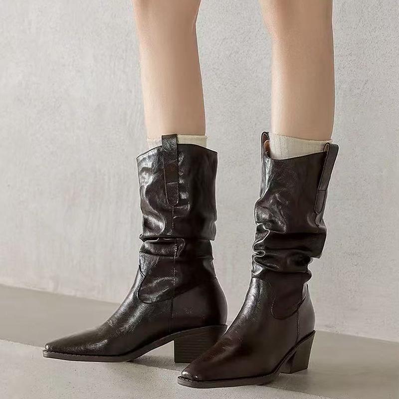Fashion Retro Brown Pu Western Cowboy Boots Women 2025 Winter Sexy Pointed Toe Thick Heel Black Ankle Boots Designer Y2K Shoes Plus Size