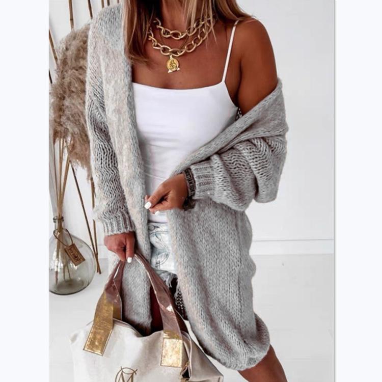 Women's Knitted Long Sleeve Mid-Length Cardigan Sweater for Autumn and Winter