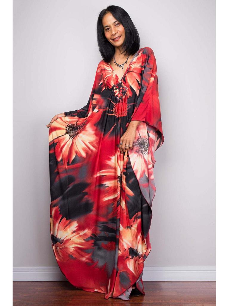 Handgemachter schwarzer & roter floraler langer Strand-Überwurf-Kimono für Damen