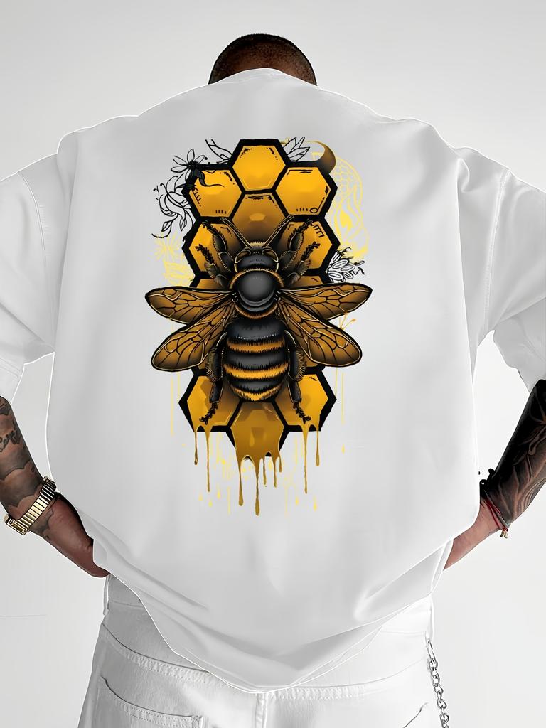 Unisexs Pure Cotton Fashionable Casual Loose Sports Bee Pattern Printed Round Neck Short Sleeved Tshirt Top Fashion Trend