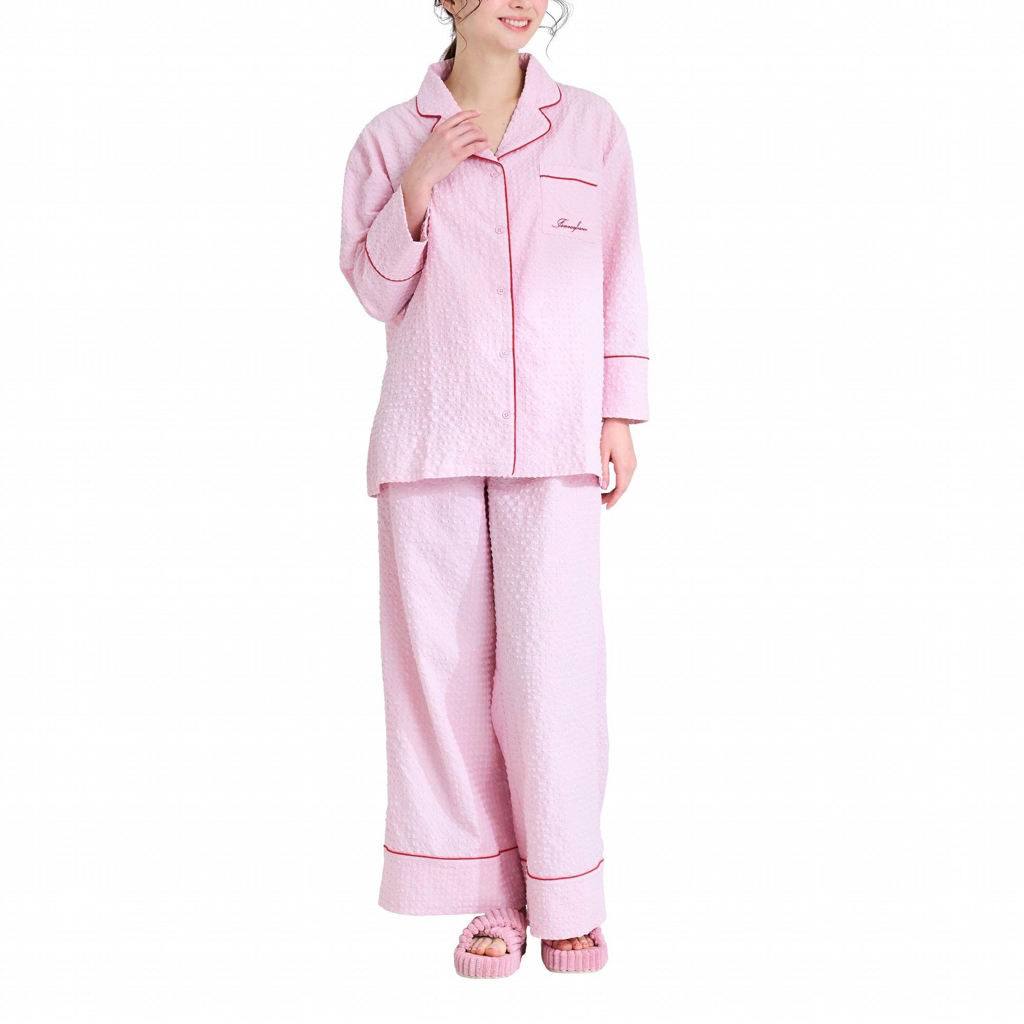 

Francfranc Logo Embroidered Check Jacquard Pajamas, Pink, Loungewear, Relaxwear, Top and Bottom Set, 2025 Model