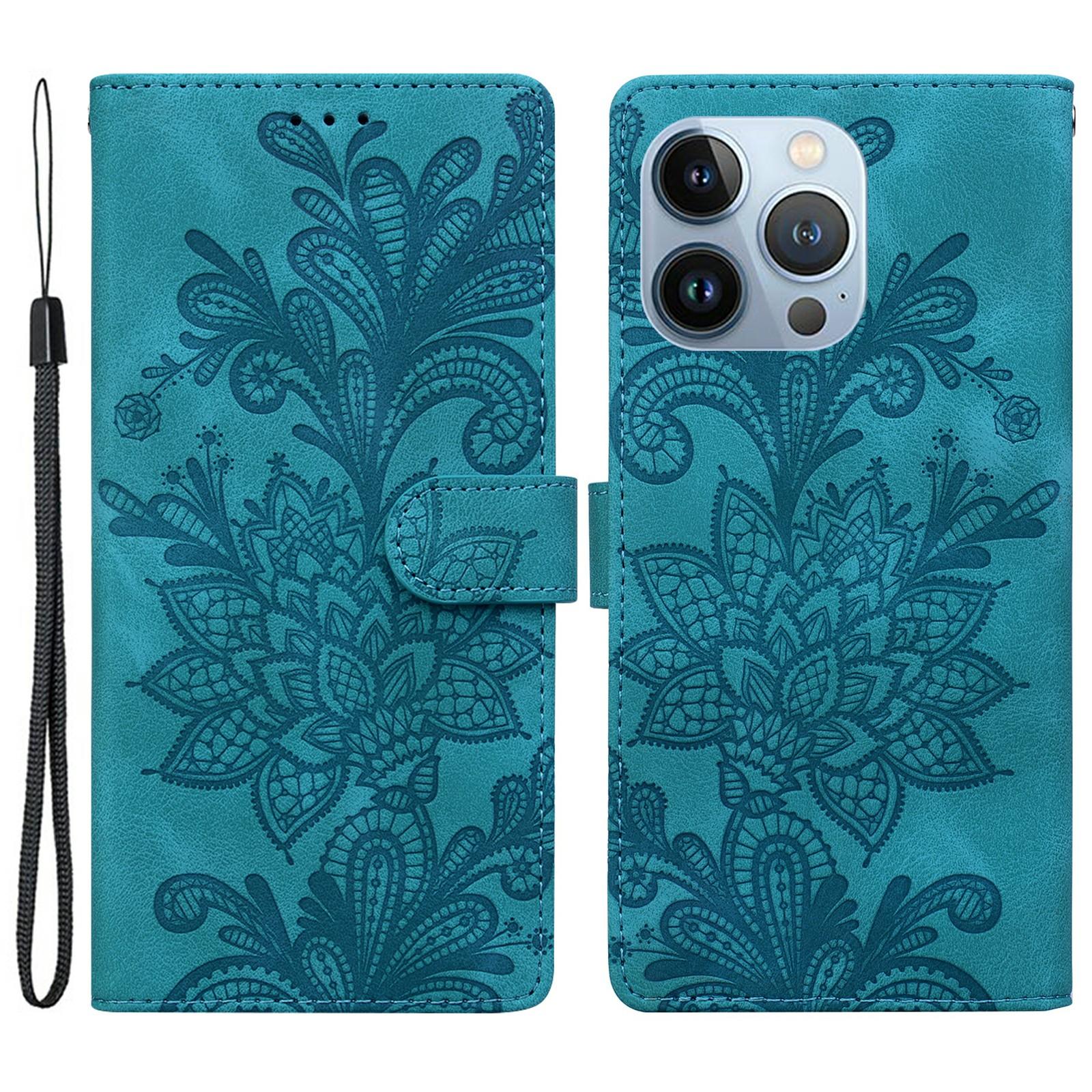 

For iPhone 16 Pro Max Case Imprinted Lace Flowers PU Leather Wallet Phone Cover Green