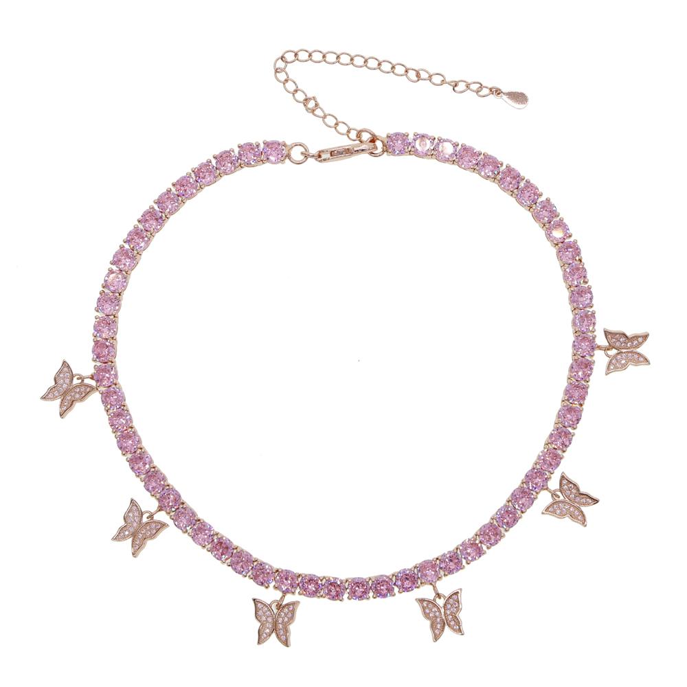 In Stock Fashion Women Iced Out Bling Brass Jewelry CZ Tennis Chain Butterfly Charm Pendant Choker Necklace for Wedding & Party
