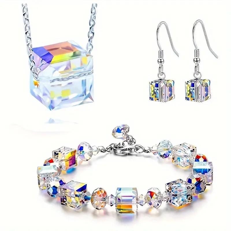 Ensemble Collier et Boucles d'Oreilles Cristal Géométrique Couleur Aurore Pour la Mode Féminine