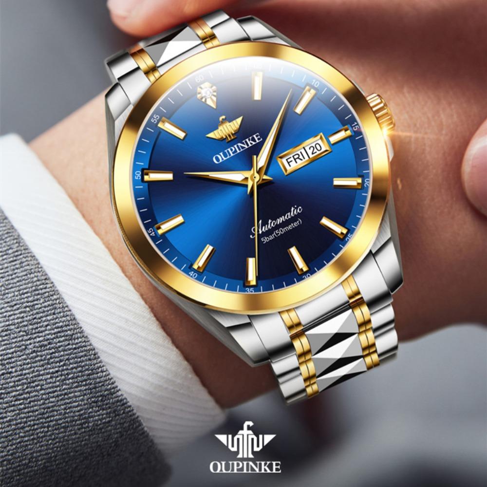 OUPINKE Montre Homme Double Calendrier Montre Mécanique Automatique Montre Diamant Haut De Gamme Étanche