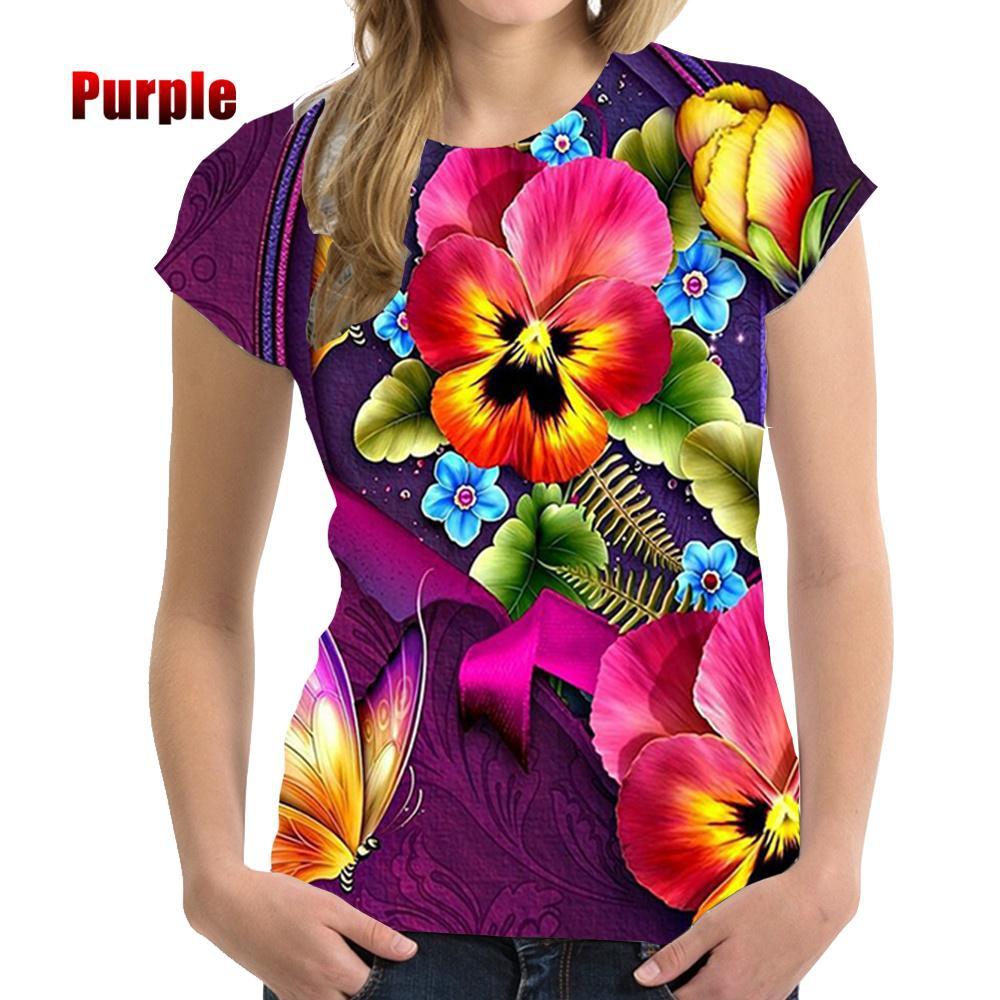 New Summer Women s T-Shirt with Floral Print and Beautiful Butterfly Round Neck S