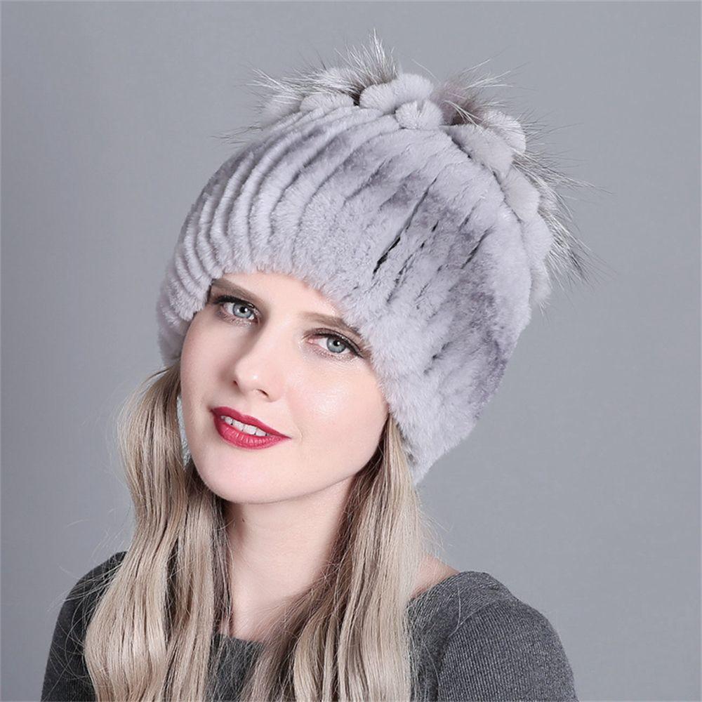 Outdoor Winter Warm Real Fur Beanies Hat Rabbit Fur Cap Knitted Real Rex Rabbit Fur Hats Elastic