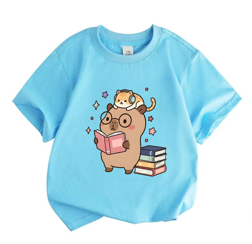 Kids Boys Girls 100% Cotton Crew Neck Short Sleeve T-Shirt, Cute Capybara Reading Book Cat With Headphones Print Casual Comfy Tee For Daily School Pla