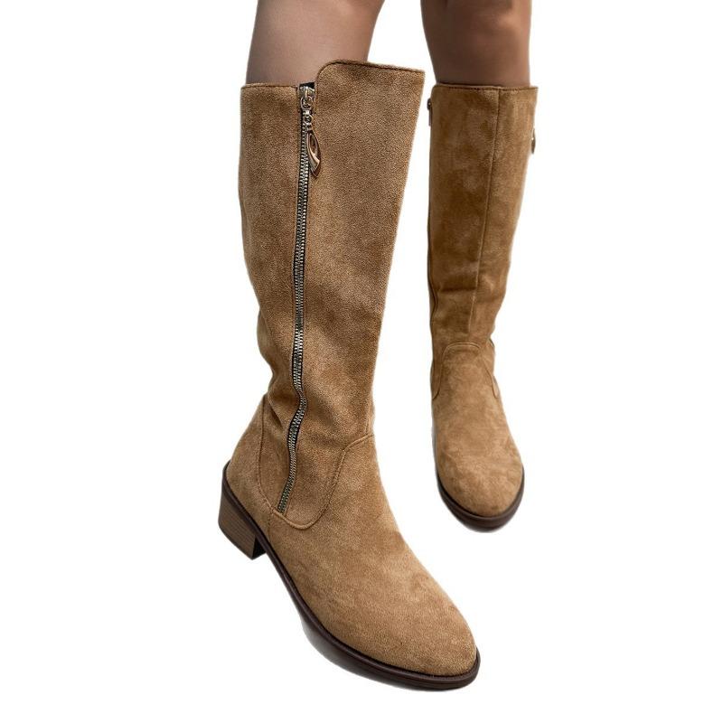 Suede high tube suede thick heel knight boots women's winter new large size pointed side zipper fashion boots