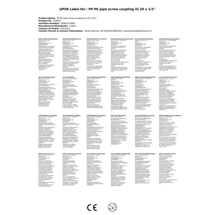 PE Fitting 20mm, Compression Fitting 1/2", Polypropylene, Potable Water