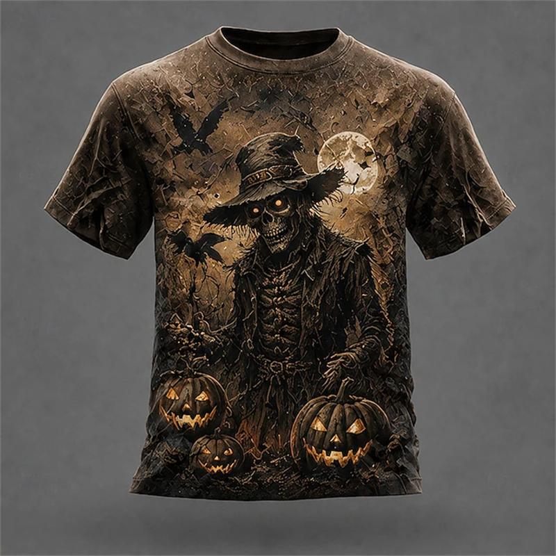 2026 Halloween Men's 3D-Printed Crew-Neck T-Shirt: Blue Flame Pumpkin Man Short-Sleeve Top Festive Loose-Fit Horror Top