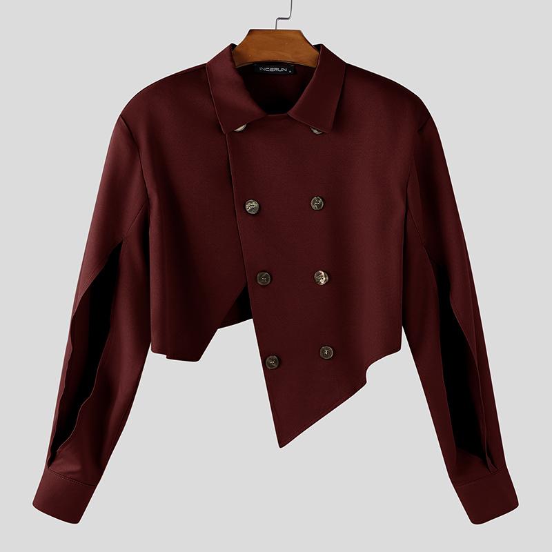 

INCERUN Men Lapel Neck Jackets Cutout Long Sleeve Buttons Casual Irregular Short Coats 5XL вино красного