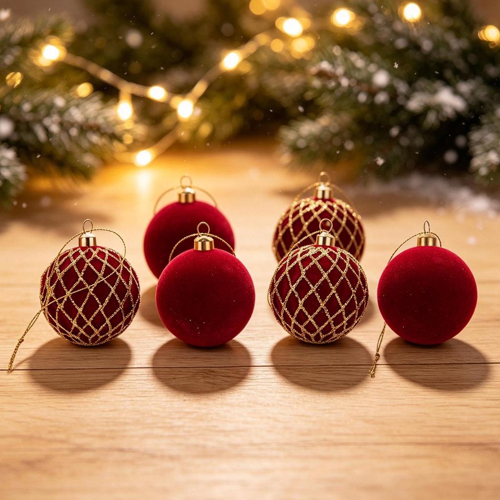 6cm Burgundy Flocked Christmas Baubles with Gold Glitter, 48Pcs Gift Box, 4 Patterns Xmas Tree Hanging Ornaments