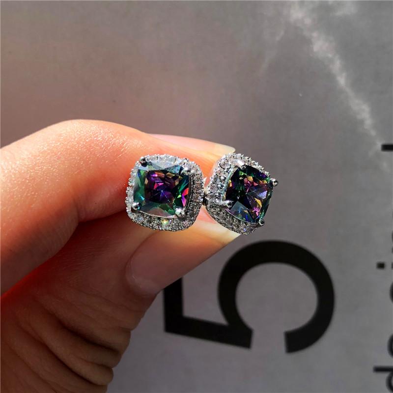 Female Black Square Stone Earrings Silver Color Stud Earring Vintage Wedding Jewelry For Women