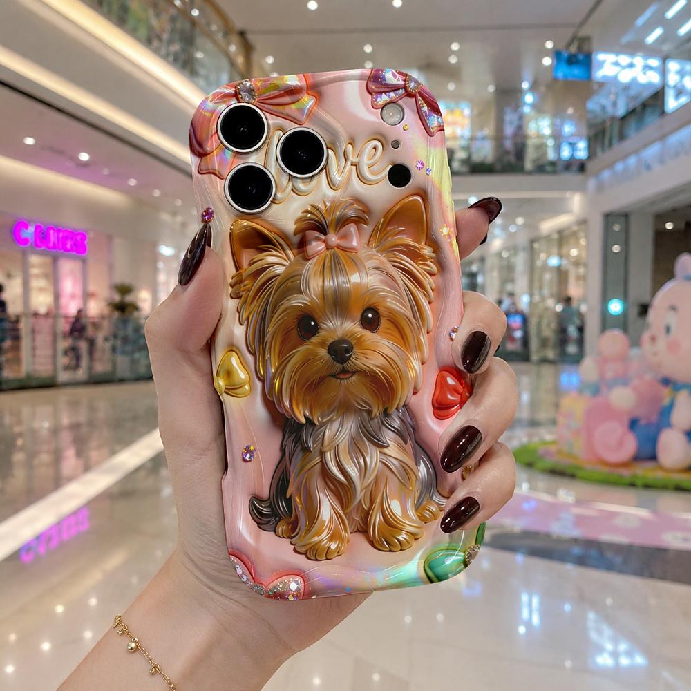 Rainbow Bow Yorkie Love Gem Wavy Edge Phone Case For iPhone 17 16 15 14 13 12 11 8 7 Plus Pro Max Soft TPU Bumper Cover