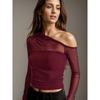 Women Sexy Slanted Shoulder Sheer Mesh Slim Fit Long Sleeve Base T Shirt
