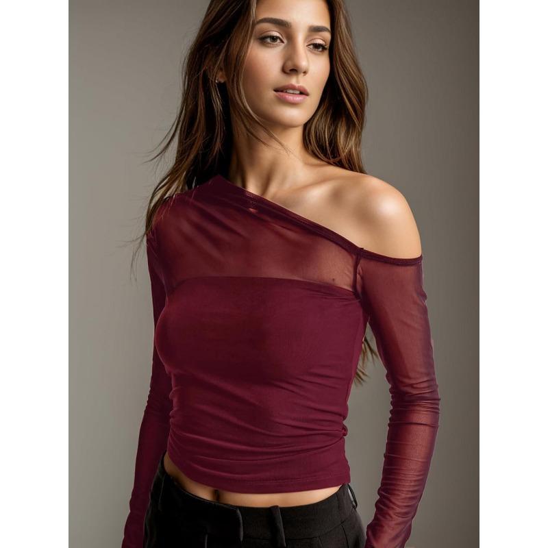 Women Sexy Slanted Shoulder Sheer Mesh Slim Fit Long Sleeve Base T Shirt