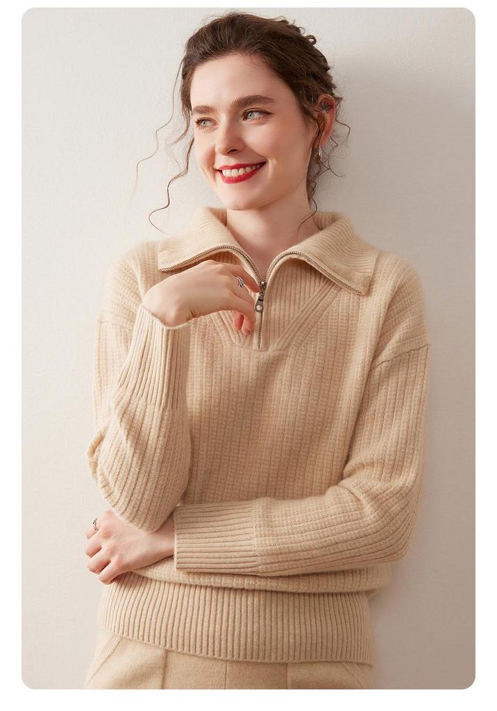 Women's Casual Ribbed Cashmere Sweater, Loose Fit, Half Zip, Solid Color, Autumn/Winter