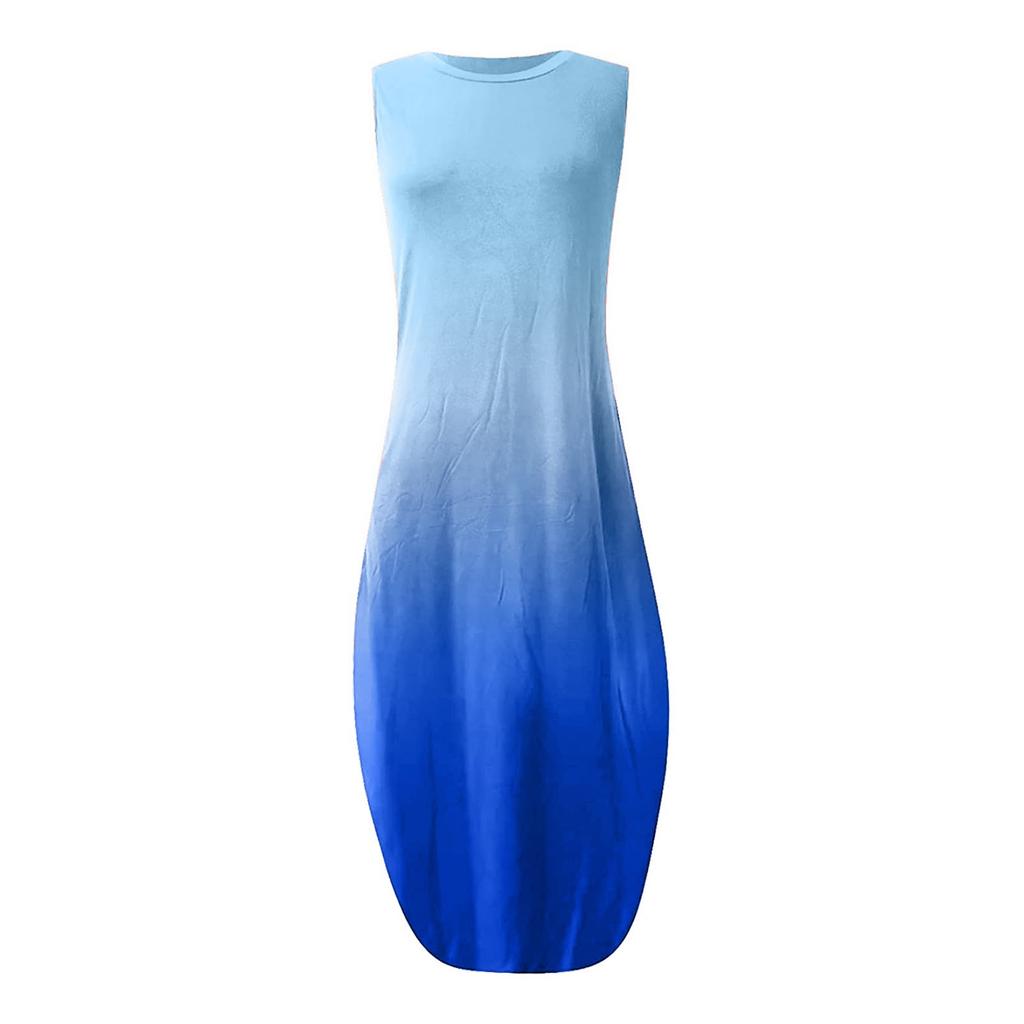 Women Casual Loose Gradient Color Pocket Long Dress Sleeveless Split Dresses