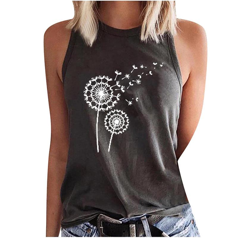 Women's Dragonfly and Dandelion Printed Sleeveless T-shirt, Y2K Street Clothing, Off Shoulder Tank Top, Sexy Sleeveless Girl's T-shirt