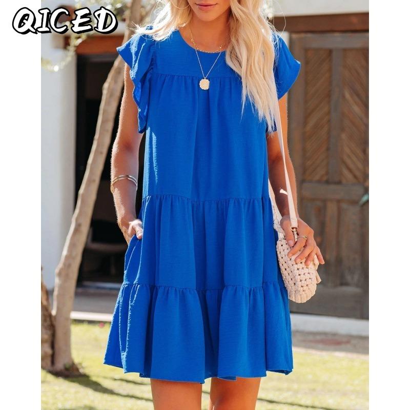 QICED Abiti casual con scollo a maniche corte con stampa tinta unita primavera estate moda donna