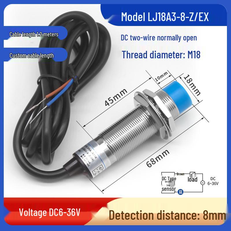 M18 Metal Sensor Proximity Switch - LJ18A3 Series, NPN, Normally Open, Three-wire