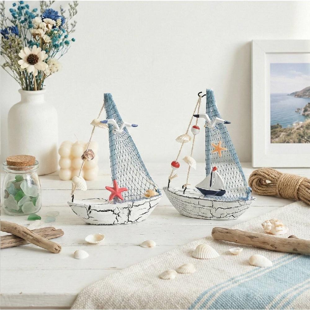 Mediterranean Wooden Sailboat Ornament Handcrafted Coastal Nautical Shelf Decor With Starfish Seagull Fishing Net Sails 2 Styles