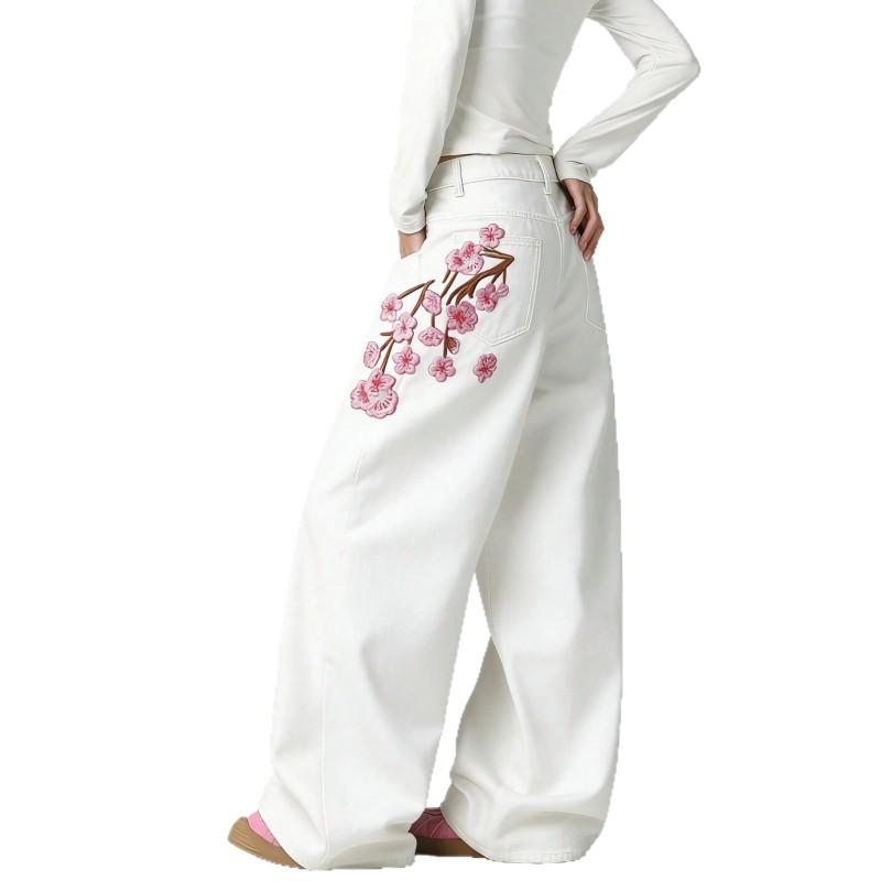 Vintage Americana Embroidered Wide-Leg Denim Jeans Women High-Waisted Relaxed Fit Y2K Streetwear Straight Drag Pants