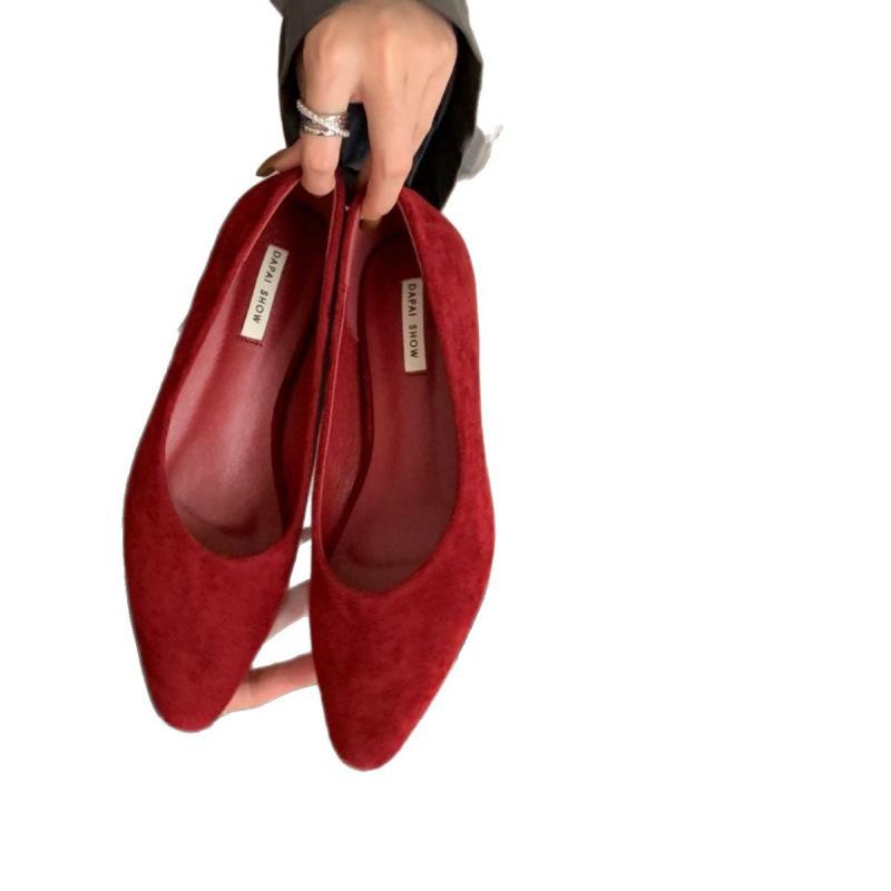 2025 Spring New Versatile Solid Color Suede Pointed Head Thin Heel Medium Heel Single Shoes Low Heel Light Mouth Ladyshoes Women's Shoes
