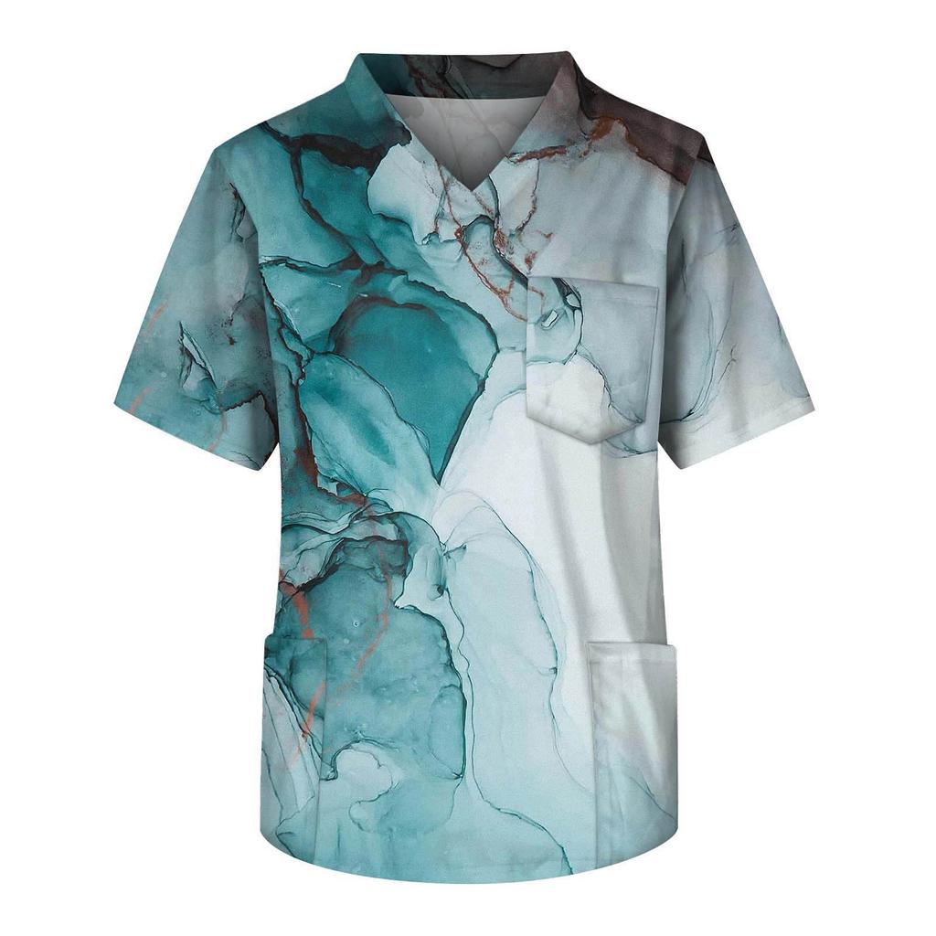 Men's Printed Short Sleeve V-neck Tops Working Pocket Blouse