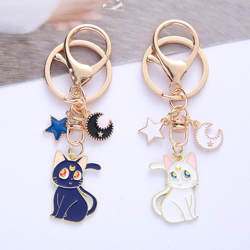 Charming Kitten & Moon Star Alloy Keychain - Women's Bag Pendant Accessory