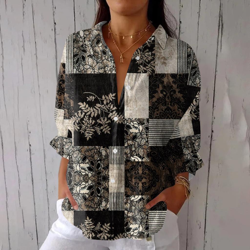 Women's Fashion 3/4 Sleeve Casual Lapel Back Tie- Floral Print T-Shirt Top