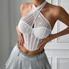 Slim Fit Rhinestone Corset Sleeveless Neck Halter Crop Top Elegant Mesh Crystal Camisole  Party