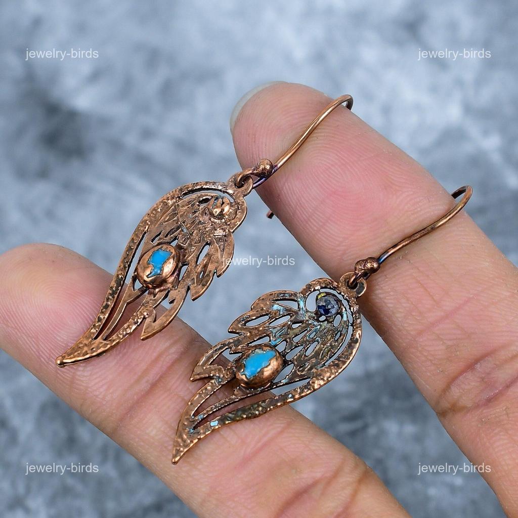 Turquoise Gemstone Copper Dangling Electroformed Anniversary Wife Gift Earrings VP-87