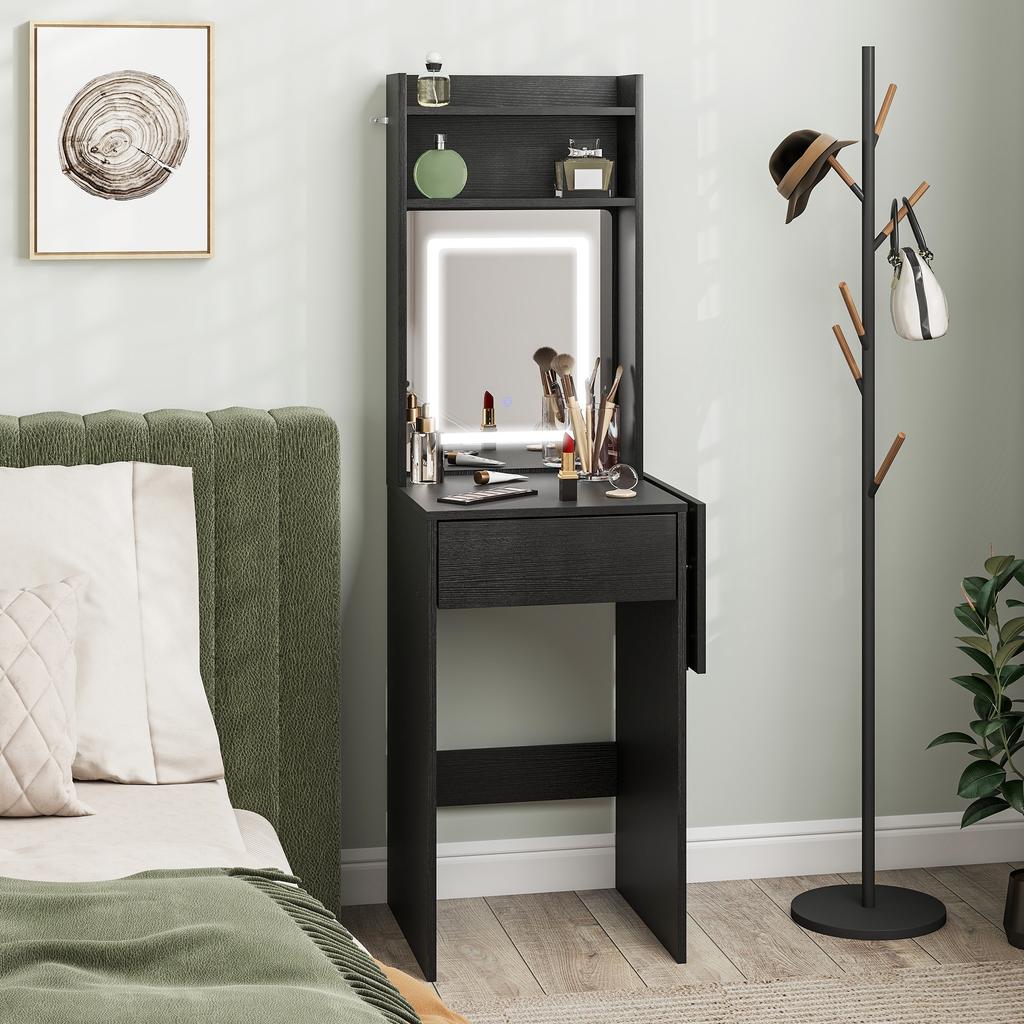 Small Vanity Desk with Mirror and LED Lights, Compact Dressing Table with Drop Leaf, Open Shelves and Drawer, Black