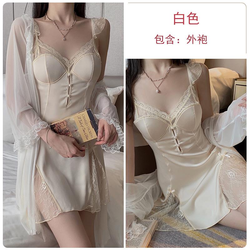 Sexy Backless Pajamas Perspective Lace Large Size Temptation Plus Chest Pad Nightdress Robe Home Set J
