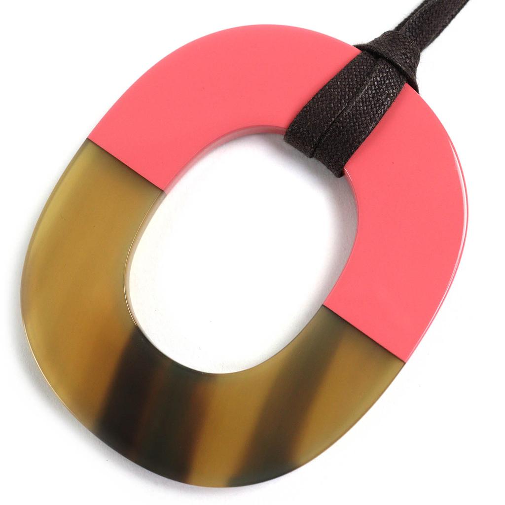 Excellent HERMES Necklace Ism Bicolor Pendant Wood Beige Pink Buffalo Horn Women Used