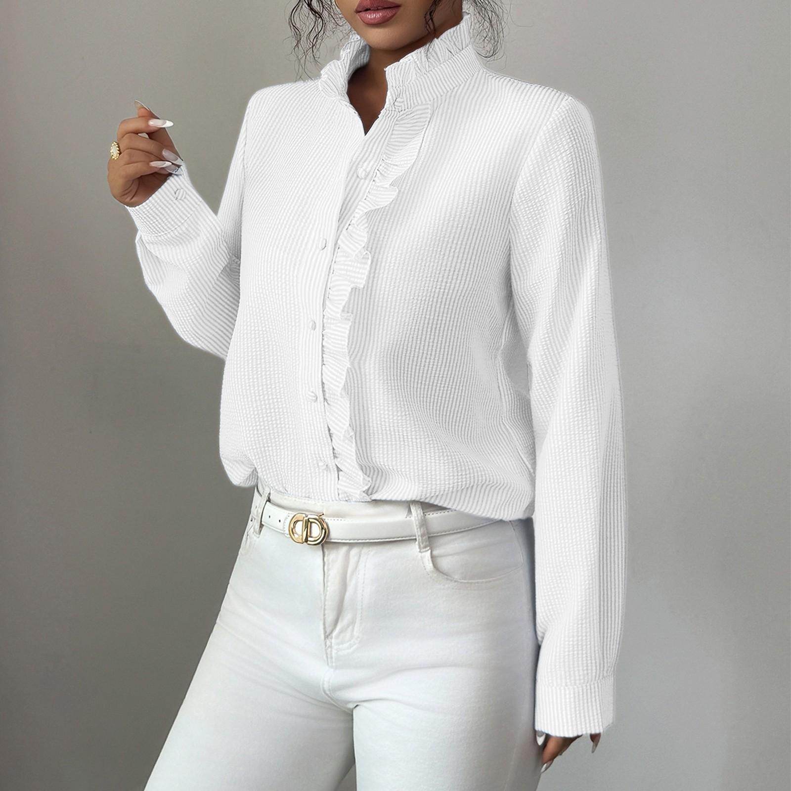 

Женская полосатая рубашка на пуговицах, длинные рукава, оборки на манжетах, свободная рубашка бойфренда, воротник с оборками, топ без карманов для комбинезона XL белый