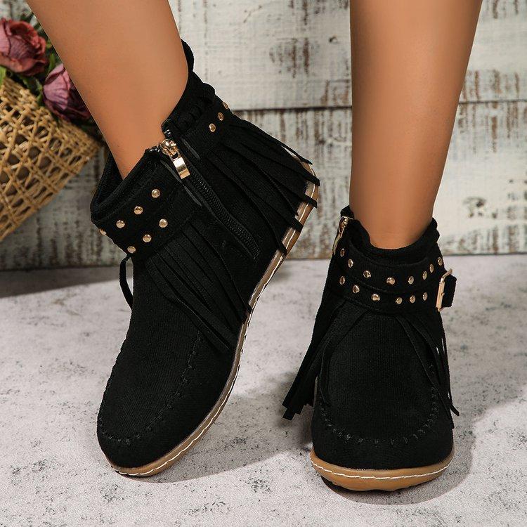 Large Size Rivet Tassel Metal Buckle with Short Tube Cigarette Boots Autumn and Winter New Flat-bottomed Warm Women's Boots